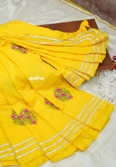 Yellow - Soft Mul Cotton Saree with floral embroidery work and Gota Patti border without blouse